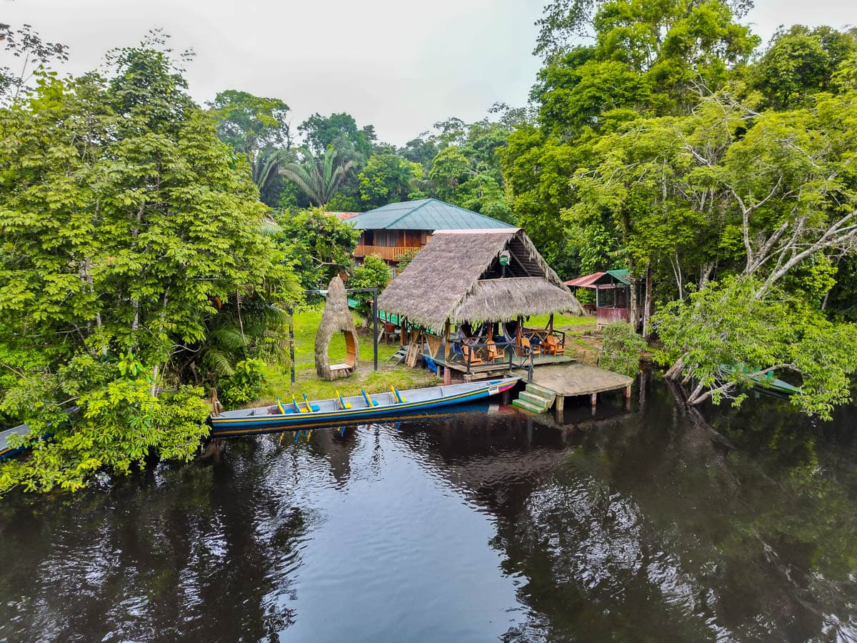Aerial view of Cuyabeno Dolphin Lodge along the Cuyabeno River in Ecuador
